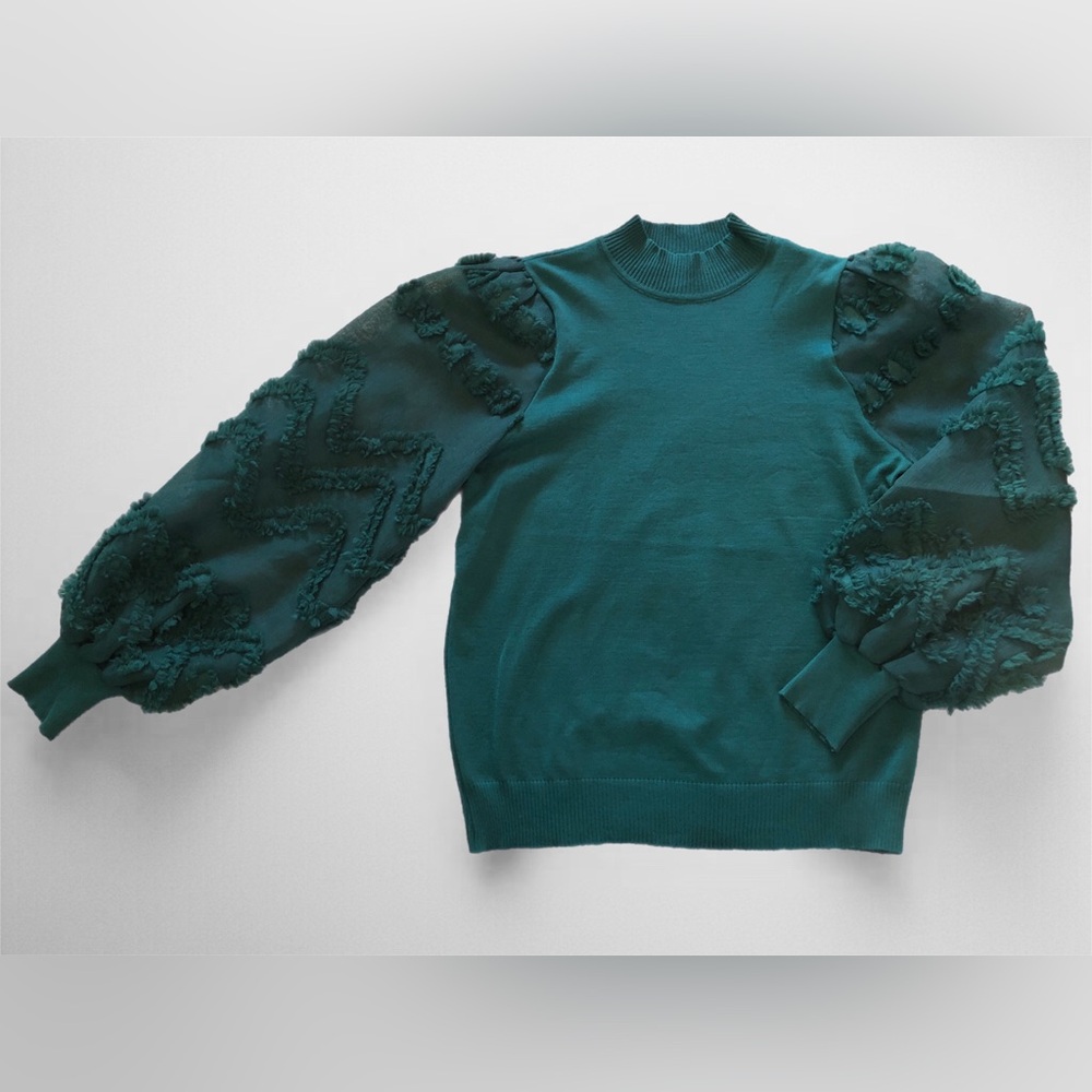 Dark Teal Sweater with Sheer Balloon Sleeves XL